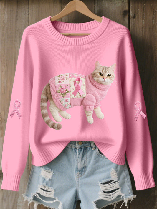 Women's Cat Pink Ribbon Print Casual Top