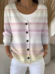 Women's Striped Pattern Breast Cancer Awareness Print Buttoned V-neck Cardigan Sweater