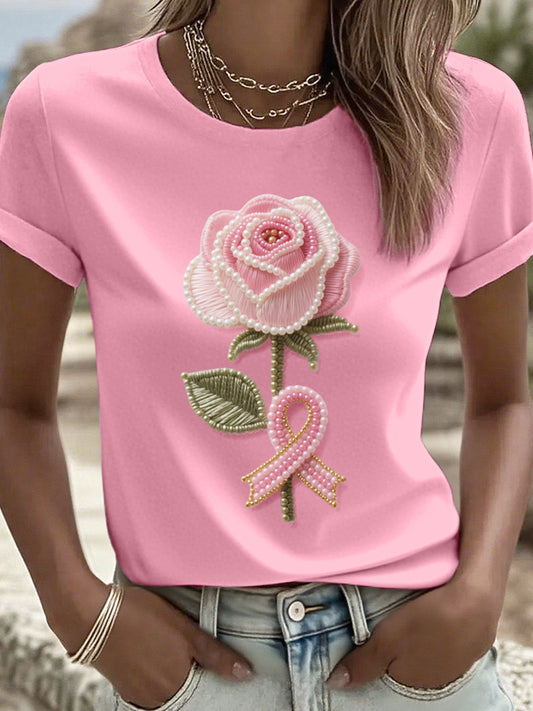 Women's Rhinestone Art Pink Ribbon and Floral Pattern T-Shirt