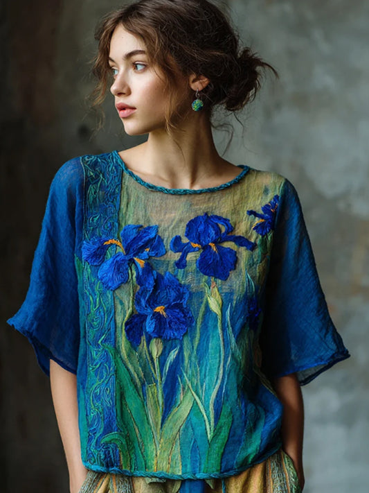 Women's Fleur-de-lis Embroidered Contrast Flowy Linen Top