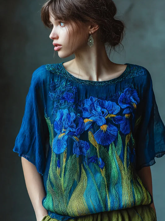 Women's Fleur-de-lis Embroidered Contrast Flowy Linen Shirt