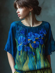 Women's Fleur-de-lis Embroidered Contrast Flowy Linen Shirt