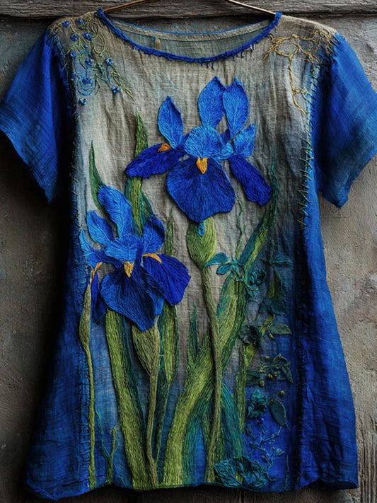 Women's Vintage Irises Embroidered Contrast Linen Shirt