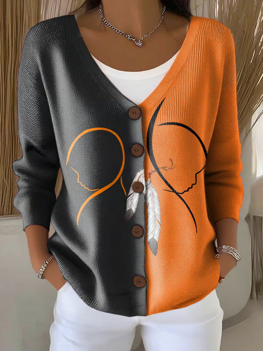 Women's Orange Shirt Daily Print Casual Cardigan