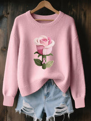 Women's Wool Felt Art Floral Pattern Cozy Knitted Sweater