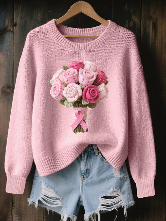 Women's Wool Felt Art Floral Pattern Cozy Knitted Sweater
