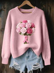 Women's Wool Felt Art Floral Pattern Cozy Knitted Sweater