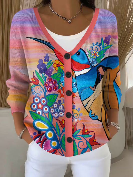 Women's Indigenous Art Hummingbird Print Cardigan