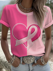 Women's Breast Cancer Awareness Pink Ribbon Print Casual T-shirt