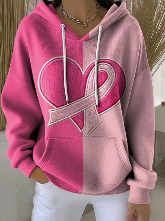 Women's Breast Cancer Awareness Pink Ribbon Print Casual Hoodie