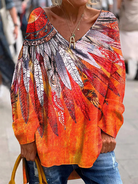 Women's Indigenous Art Printed V-neck Tops