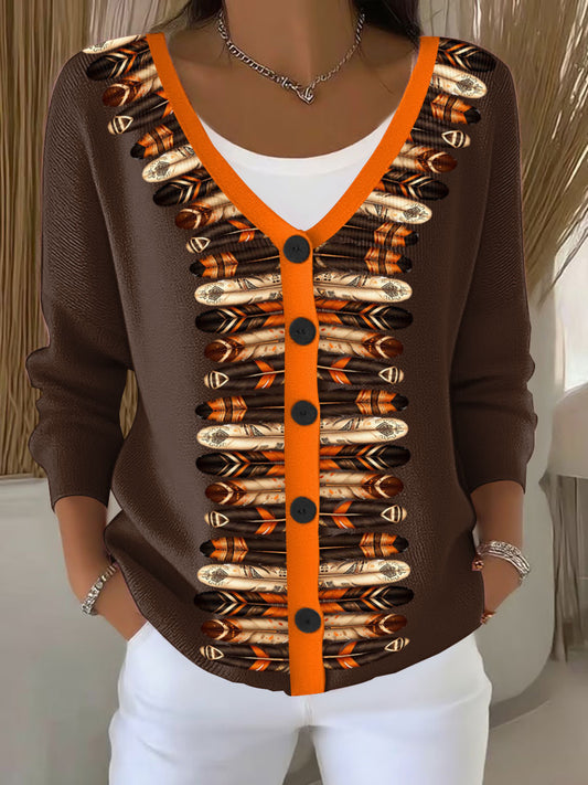 Women's Indigenous Feather Art Printed Cardigan