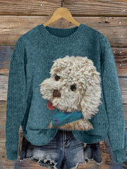 Women's Fuzzy Dog Plush Patchwork Knit Sweater