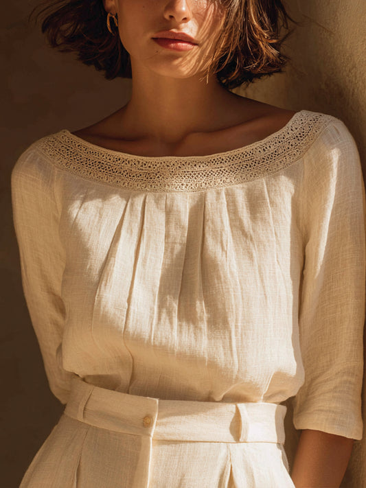 Women's Elegant Lace Patchwork Linen Shirt