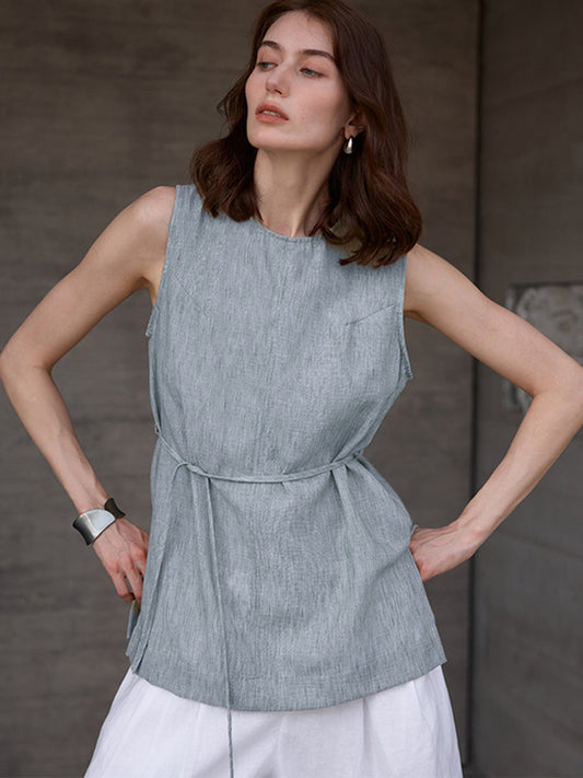 Women's Linen Round Neck Lace-Up Loose Sleeveless Top