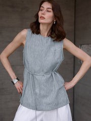 Women's Linen Round Neck Lace-Up Loose Sleeveless Top