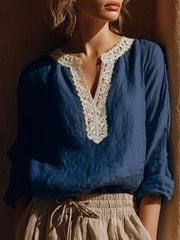 Women's Vintage Lace Patchwork Linen Blend Shirt