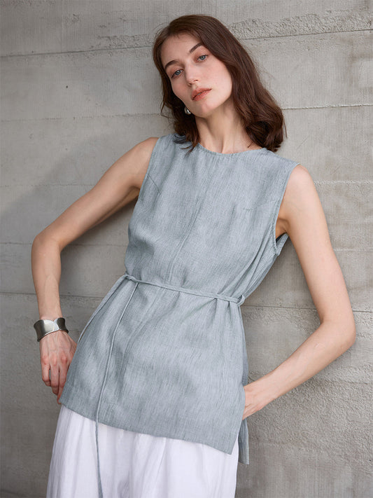 Women's Linen Round Neck Lace-Up Loose Sleeveless Top
