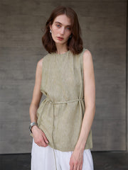 Women's Linen Round Neck Lace-Up Loose Sleeveless Top