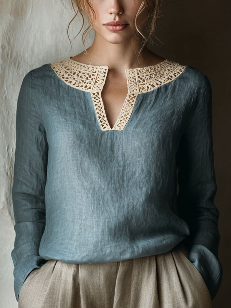Women's Vintage Lace Patchwork Linen Shirt