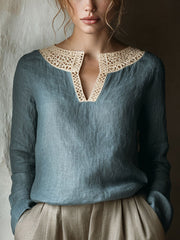Women's Vintage Lace Patchwork Linen Shirt