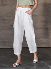 Women's Linen Elastic Waist All-match Straight Cropped Pants