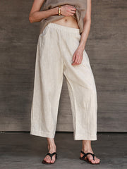 Women's Linen Elastic Waist All-match Straight Cropped Pants