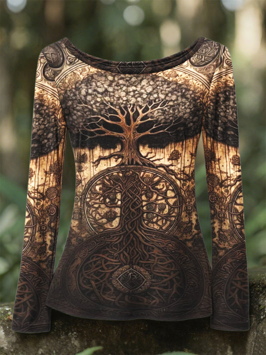Women's Vintage Viking Tree of Life Crew Neck Long Sleeve Shirt
