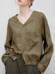 Women's Linen V-Neck Raglan Long Sleeve Shirt