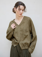 Women's Linen V-Neck Raglan Long Sleeve Shirt