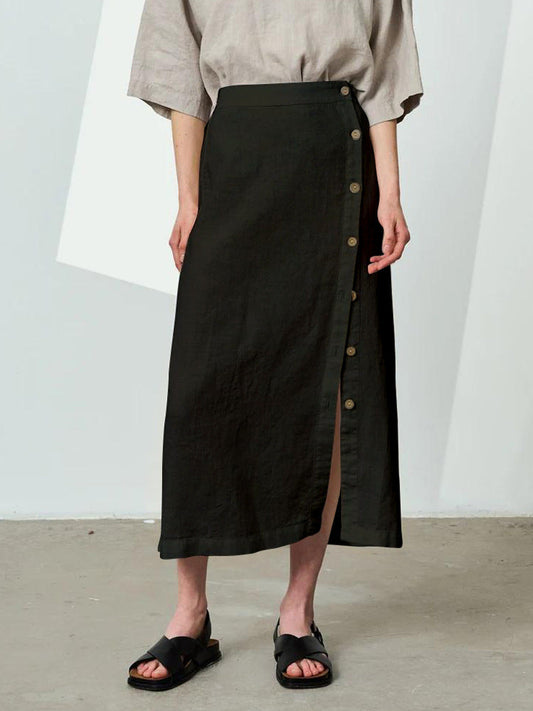 Women's Linen Cotton Side Slit Elastic Waist Skirt