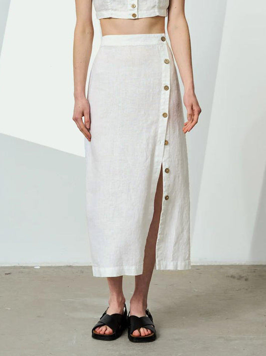 Women's Linen Cotton Side Slit Elastic Waist Skirt