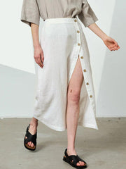 Women's Linen Cotton Side Slit Elastic Waist Skirt