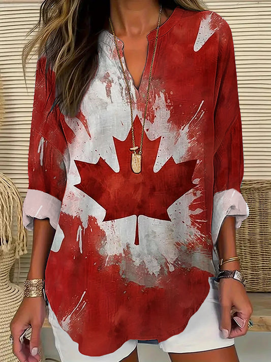 Women's Canadian Flag Maple Leaf Print Vintage Casual Long Sleeve Shirt