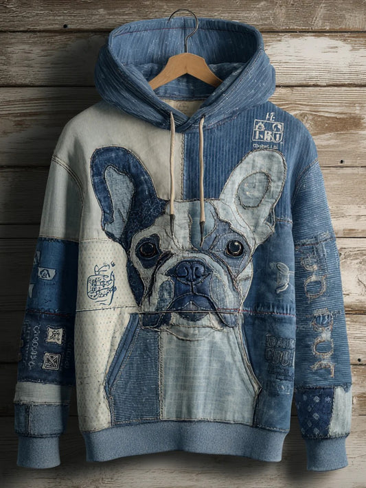 Denim Dog Print Art Casual Hoodie