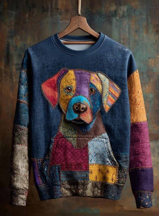 Women's Vintage Patchwork Dog Art Print Casual Sweatshirt