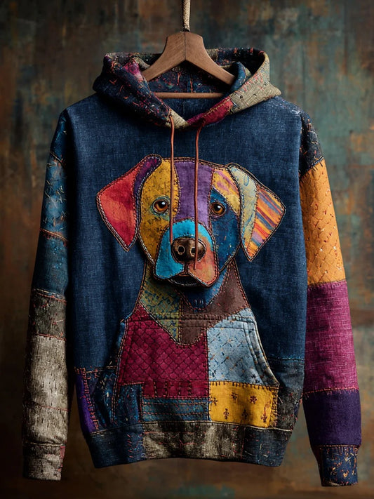 Vintage Patchwork Dog Print Art Casual Hoodie