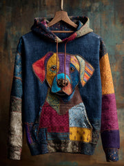 Vintage Patchwork Dog Print Art Casual Hoodie