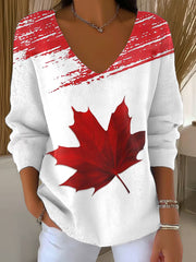 Women's Canadian Maple Leaf Print Casual V-Neck Long Sleeve Top