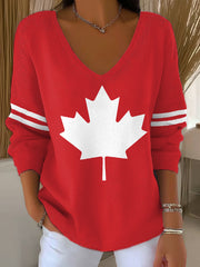 Women's Canadian Maple Leaf Print Casual V-Neck Long Sleeve Top