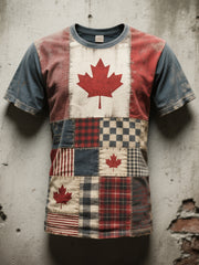 Women's Canadian Flag Inspired Maple Leaf Patchwork Art Vintage T-Shirt
