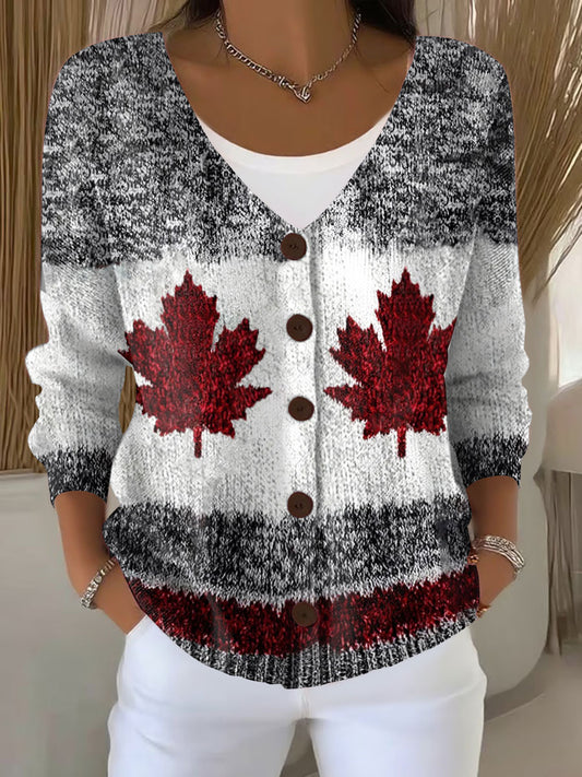 Women's Canadian Maple Leaf Print Casual Cardigan