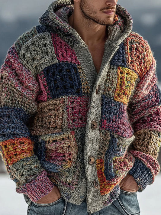 Men's Geometric Pattern Knit Hooded Cardigan
