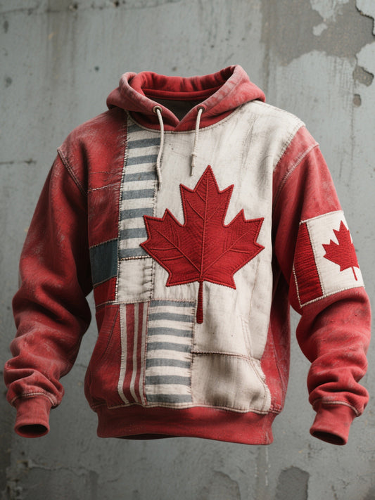 Men's Canadian Flag Inspired Patchwork Art Vintage Hooded