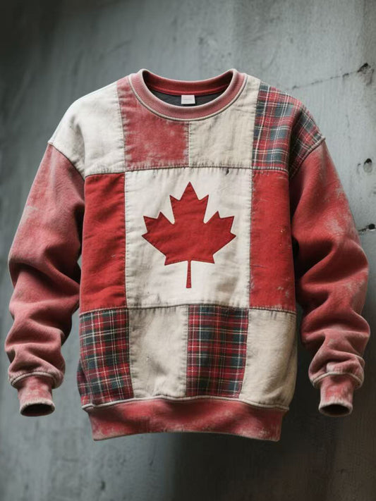 Men's Canadian Flag Inspired Patchwork Washed Sweatshirt