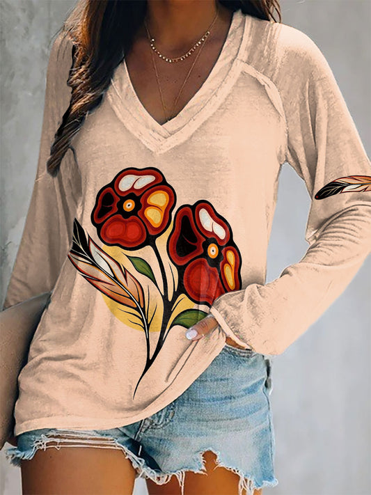 Women's Native Floral Art V-Neck Tops