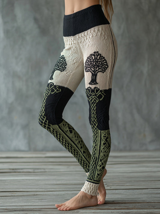 Women's Tree of Life Pattern Contrast Color Cozy Leggings