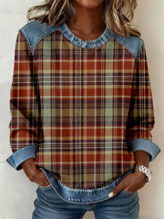 Women's Vintage Plaid Pattern Patchwork Art Sweatshirt