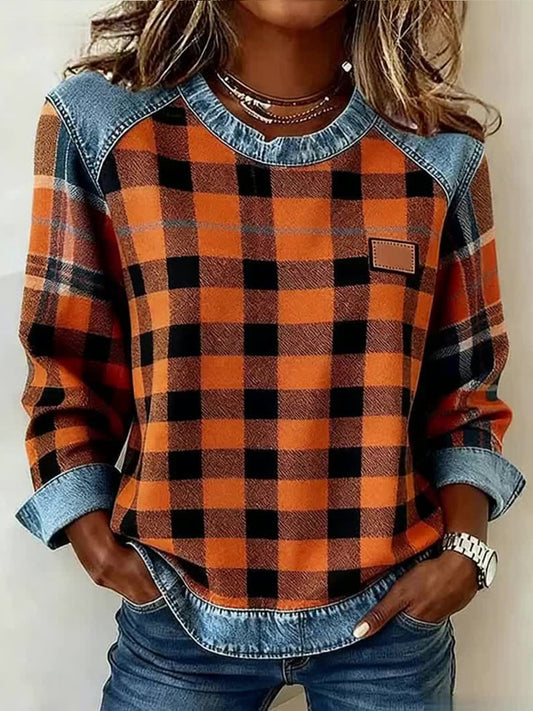 Women's Fall Plaid Pattern Patchwork Art Sweatshirt