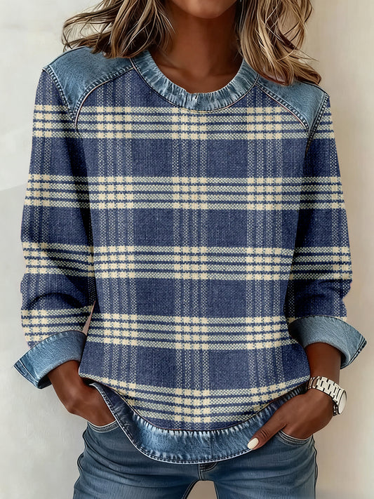 Women's Vintage Plaid Pattern Denim Patchwork Sweatshirt
